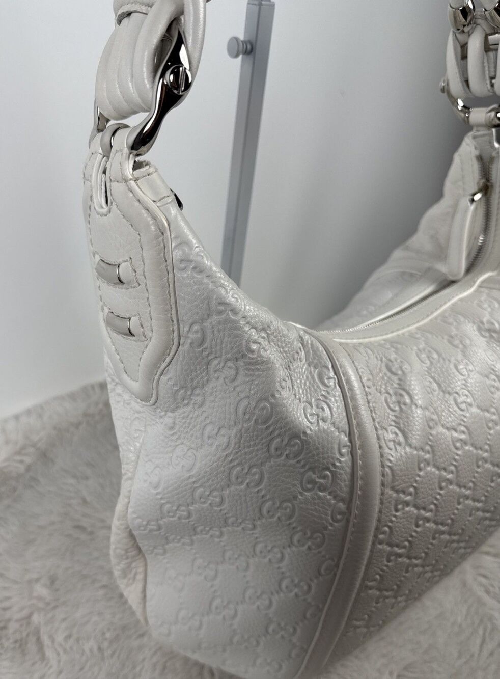GUCCI GG SHW Techro Horsebit Medium Hobo Hand Bag 240216 Calfskin Leather White - Picture 5 of 16